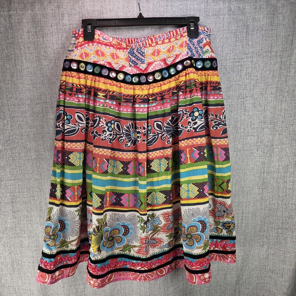 VTG Banjara Skirt WD.NY India Patchwork Ribbon Trim Linen Full Tiered SZ 8 Midi